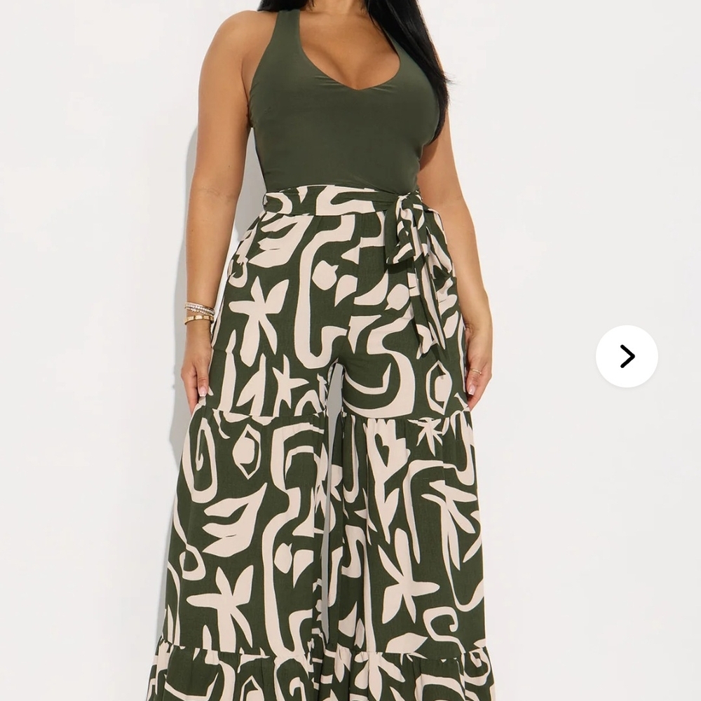 Fashion Nova Green and Cream Patterned Jumpsuit